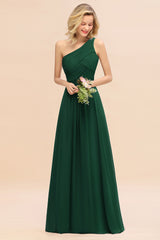 Elegant Dark Green A-line Chiffon Ruffles One Shoulder Long Bridesmaid Dress