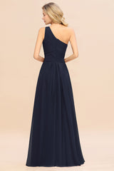 Elegant Dark Navy A-line Chiffon Ruffles One Shoulder Long Bridesmaid Dress