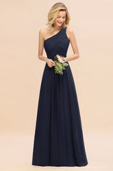 Elegant Dark Navy A-line Chiffon Ruffles One Shoulder Long Bridesmaid Dress