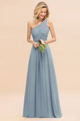 Elegant Dusty Blue A-line Chiffon Ruffles One Shoulder Long Bridesmaid Dress