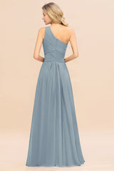 Elegant Dusty Blue A-line Chiffon Ruffles One Shoulder Long Bridesmaid Dress