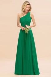 Elegant Emerald A-line Chiffon Ruffles One Shoulder Long Bridesmaid Dress