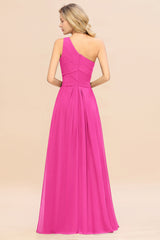 Elegant Fuchsia A-line Chiffon Ruffles One Shoulder Long Bridesmaid Dress
