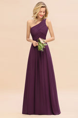 Elegant Grape A-line Chiffon Ruffles One Shoulder Long Bridesmaid Dress