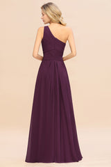 Elegant Grape A-line Chiffon Ruffles One Shoulder Long Bridesmaid Dress