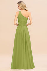 Elegant Green A-line Chiffon Ruffles One Shoulder Long Bridesmaid Dress