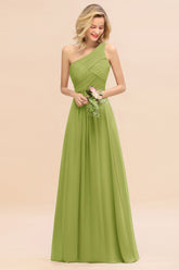 Elegant Green A-line Chiffon Ruffles One Shoulder Long Bridesmaid Dress