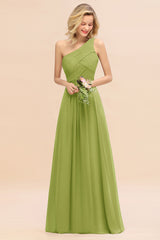 Elegant Green A-line Chiffon Ruffles One Shoulder Long Bridesmaid Dress
