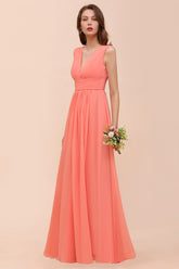 Elegant Long A-line V-Neck Ruffle Coral Chiffon Bridesmaid Dress
