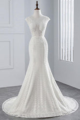 Elegant Long Cap Sleeves Lace-up Mermaid Wedding Dresses
