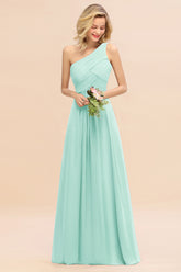 Elegant Mint Green A-line Chiffon Ruffles One Shoulder Long Bridesmaid Dress