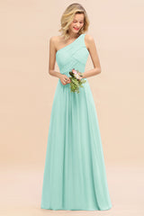 Elegant Mint Green A-line Chiffon Ruffles One Shoulder Long Bridesmaid Dress