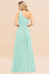 Elegant Mint Green A-line Chiffon Ruffles One Shoulder Long Bridesmaid Dress