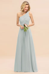 Elegant Mist A-line Chiffon Ruffles One Shoulder Long Bridesmaid Dress