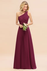 Elegant Mulberry A-line Chiffon Ruffles One Shoulder Long Bridesmaid Dress