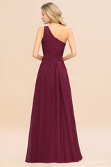 Elegant Mulberry A-line Chiffon Ruffles One Shoulder Long Bridesmaid Dress