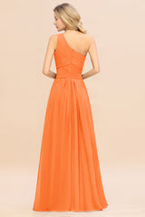 Elegant Orange A-line Chiffon Ruffles One Shoulder Long Bridesmaid Dress