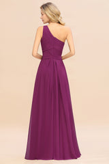 Elegant Orchid A-line Chiffon Ruffles One Shoulder Long Bridesmaid Dress