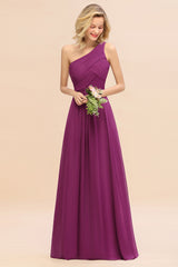 Elegant Orchid A-line Chiffon Ruffles One Shoulder Long Bridesmaid Dress