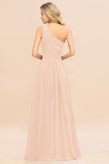 Elegant Pearl Pink A-line Chiffon Ruffles One Shoulder Long Bridesmaid Dress