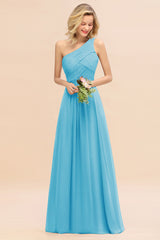 Elegant Pool A-line Chiffon Ruffles One Shoulder Long Bridesmaid Dress