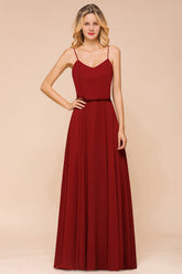 Elegant Red Spaghetti Straps Sweetheart A-line Chiffon Floor Length Bridesmaid Dress