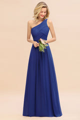 Elegant Royal Blue A-line Chiffon Ruffles One Shoulder Long Bridesmaid Dress