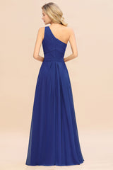 Elegant Royal Blue A-line Chiffon Ruffles One Shoulder Long Bridesmaid Dress