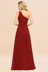 Elegant Rust A-line Chiffon Ruffles One Shoulder Long Bridesmaid Dress