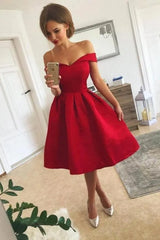 Elegant Short A-line Satin Off The Shoulder Red Homecoming Dress
