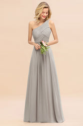 Elegant Silver A-line Chiffon Ruffles One Shoulder Long Bridesmaid Dress