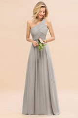 Elegant Silver A-line Chiffon Ruffles One Shoulder Long Bridesmaid Dress