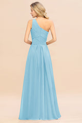 Elegant Sky Blue A-line Chiffon Ruffles One Shoulder Long Bridesmaid Dress