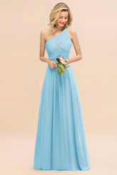 Elegant Sky Blue A-line Chiffon Ruffles One Shoulder Long Bridesmaid Dress