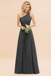 Elegant Steel Grey A-line Chiffon Ruffles One Shoulder Long Bridesmaid Dress
