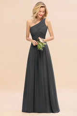 Elegant Steel Grey A-line Chiffon Ruffles One Shoulder Long Bridesmaid Dress