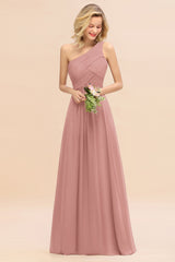 Elegant Vintage Mauve A-line Chiffon Ruffles One Shoulder Long Bridesmaid Dress