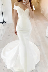 Elegant White Long Mermaid Off the Shoulder Satin Wedding Dresses