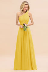 Elegant Yellow A-line Chiffon Ruffles One Shoulder Long Bridesmaid Dress