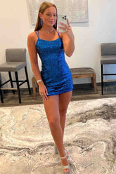 Short Royal Blue Mermaid Open Back Sequined Homecoming Dress