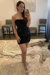 Mermaid Strapless Black Sequined Short Homecoming Dress