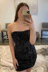 Mermaid Strapless Black Sequined Short Homecoming Dress