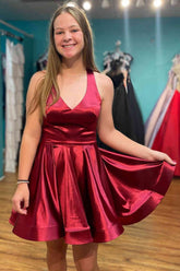 A-line Satin Backless V-Neck Burgundy Short Homecoming Dress
