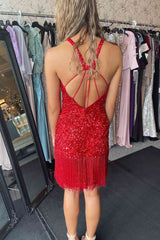 Short Mermaid Red Halter Sequin Homecoming Dress with Tassel