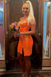 Sweetheart Short Orange Sequins Mermaid Open Back Homecoming Dress
