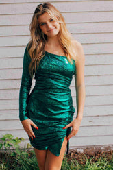 Gliter Mermaid One Shoulder Dark Green Homecoming Dress with Sleeves