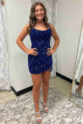 Dark Navy Mermaid Short Sequined Open Back Homecoming Dress with Tassel