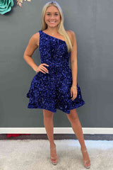 A-Line Short Royal Blue Sequins One Shoulder Homecoming Dress