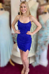 Royal Blue Short Mermaid Beaded Open Back Homecoming Dress