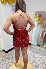 Short Mermaid Tie Back Burgundy Sequins Backless Homecoming Dress